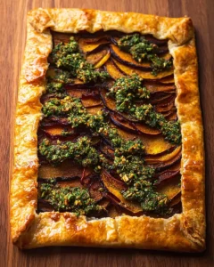 Finished Pumpkin Tart with Caramelized Onions and Pumpkin Seed Gremolata