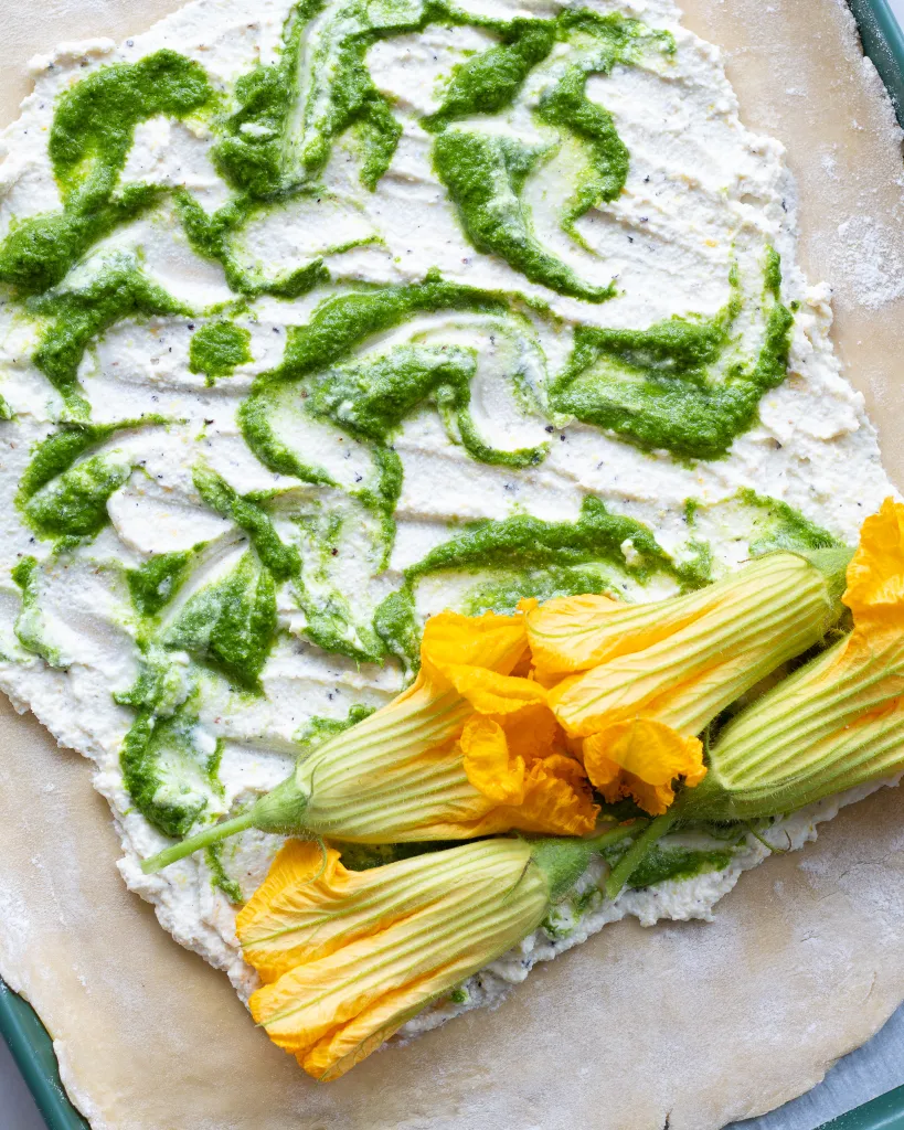 Squash blossoms added to puff pastry