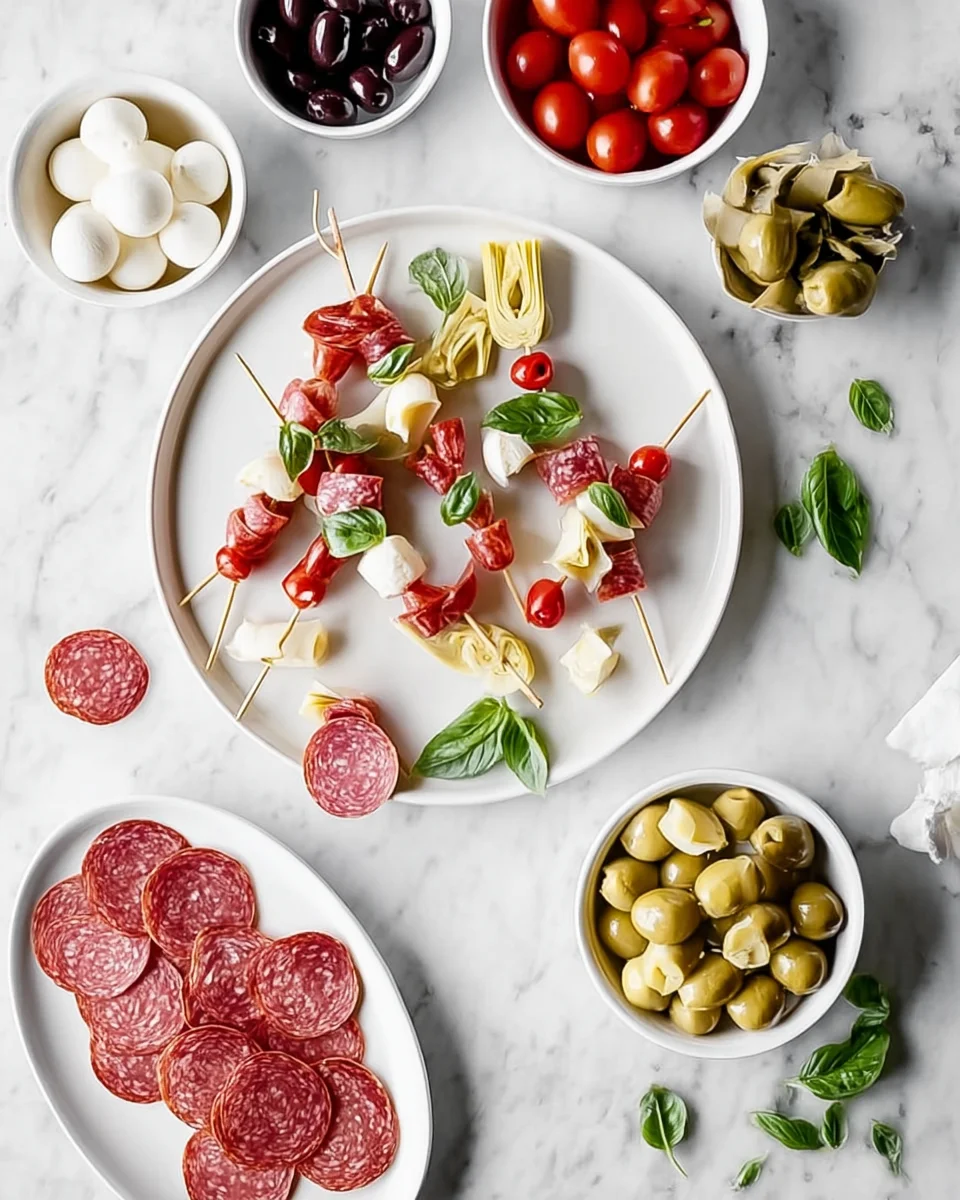 Threading antipasto skewers.