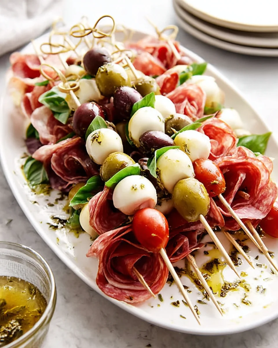 Antipasto skewers on a platter.