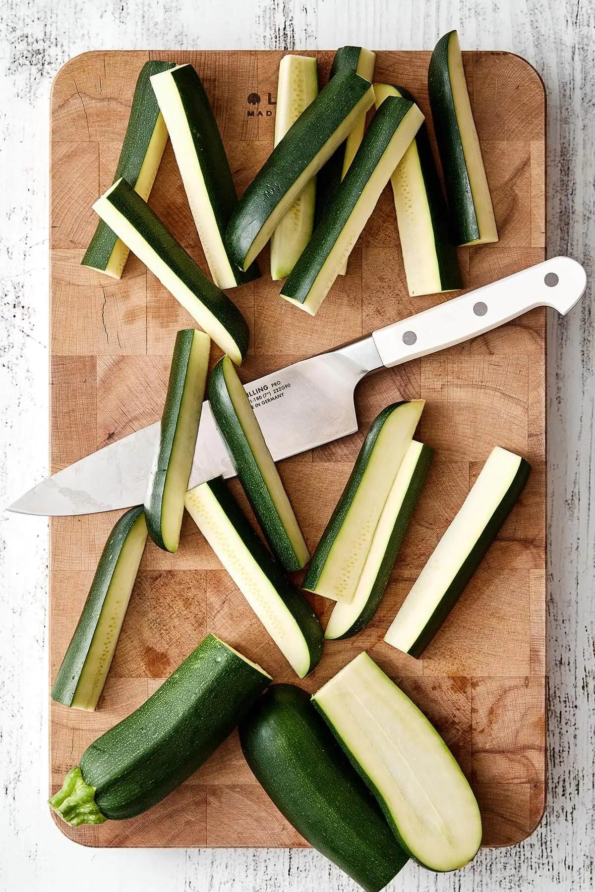 Sliced zucchinis for fries.