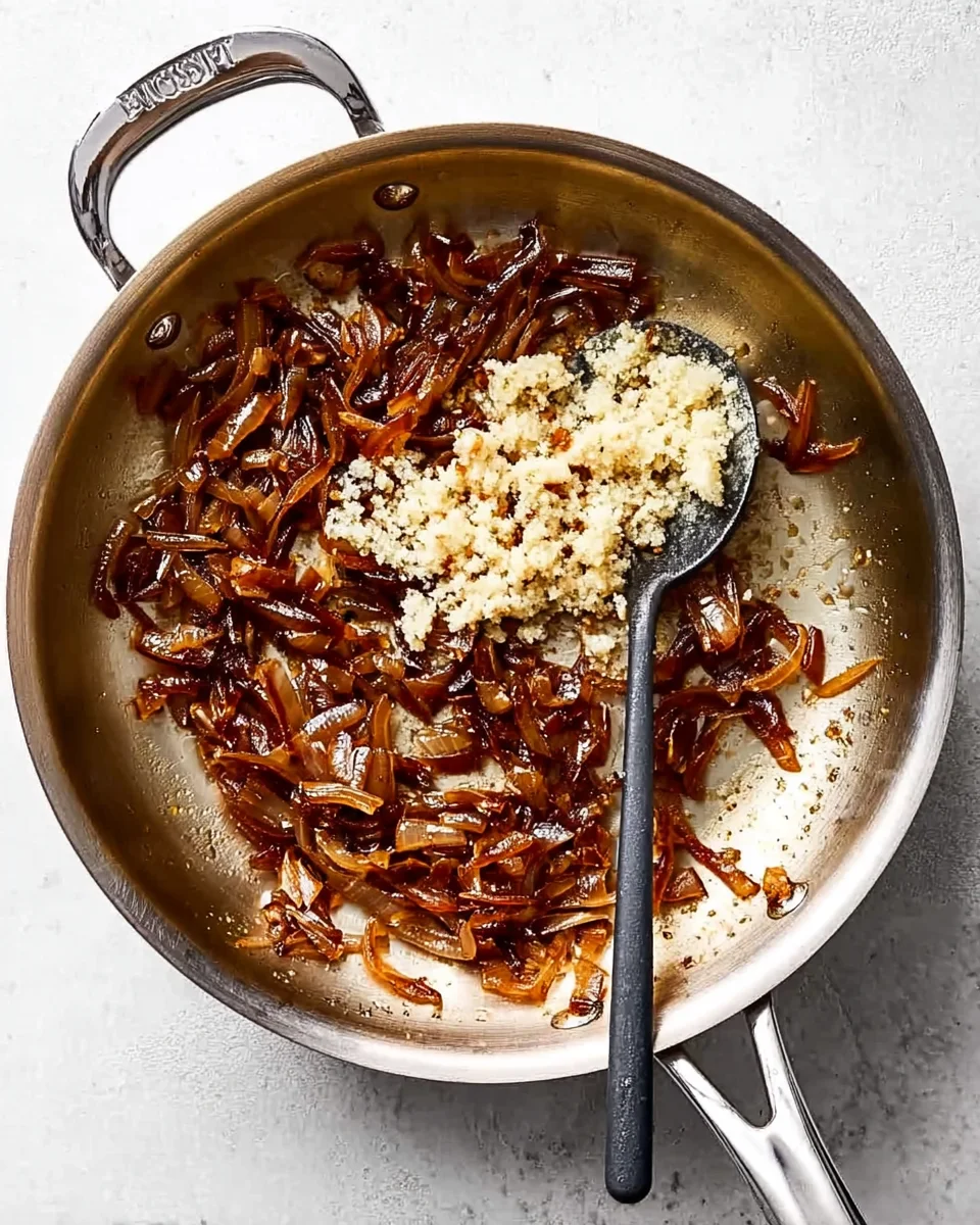 Step two of French onion dip: Continue caramelizing.