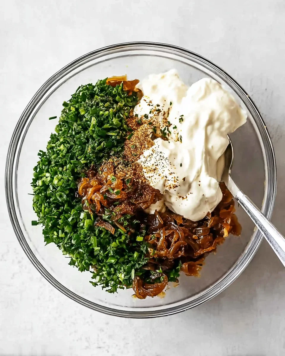 Step four of French onion dip: mix it all together.