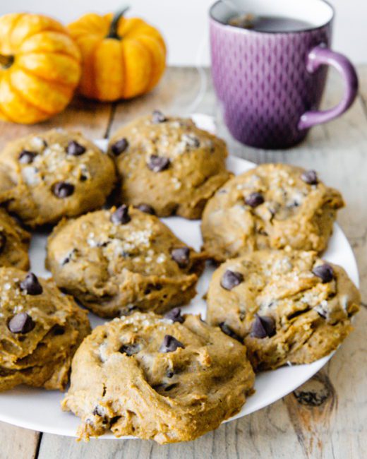 pumpkin chocolate chip cookies on a plate