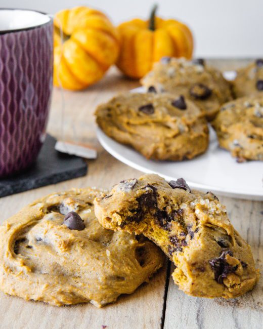 pumpkin chocolate chip cookies with a bite