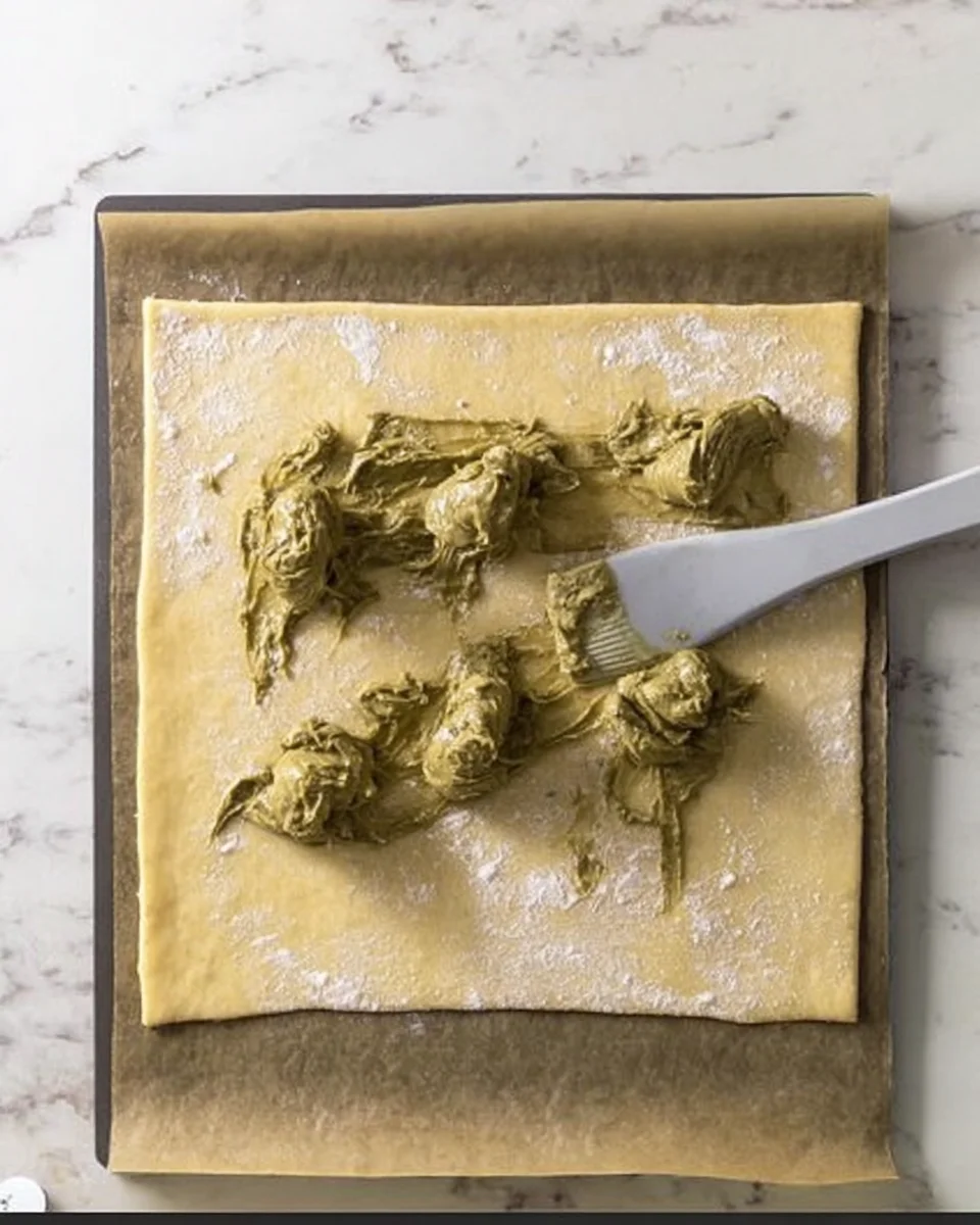 adding pistachio to puff pastry