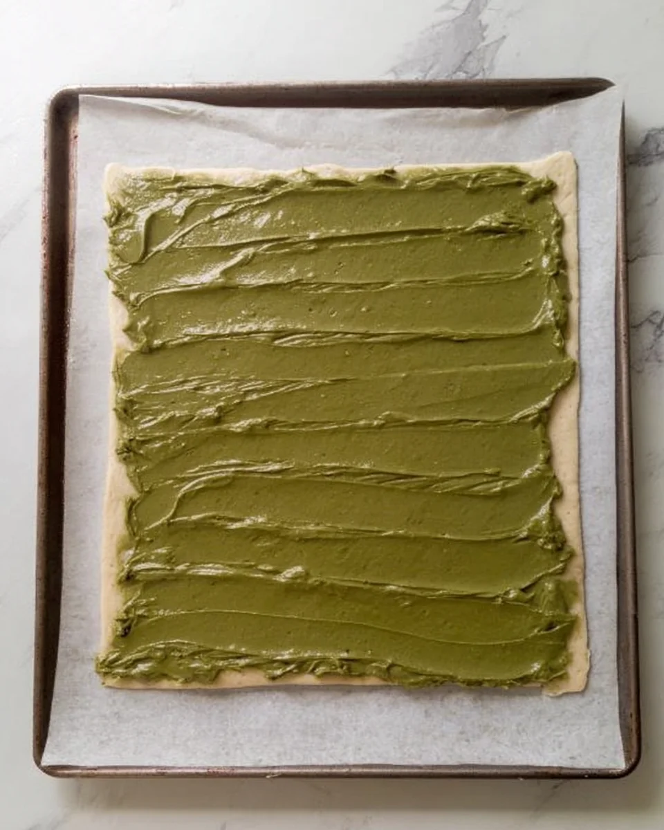 spreading pistachio over puff pastry