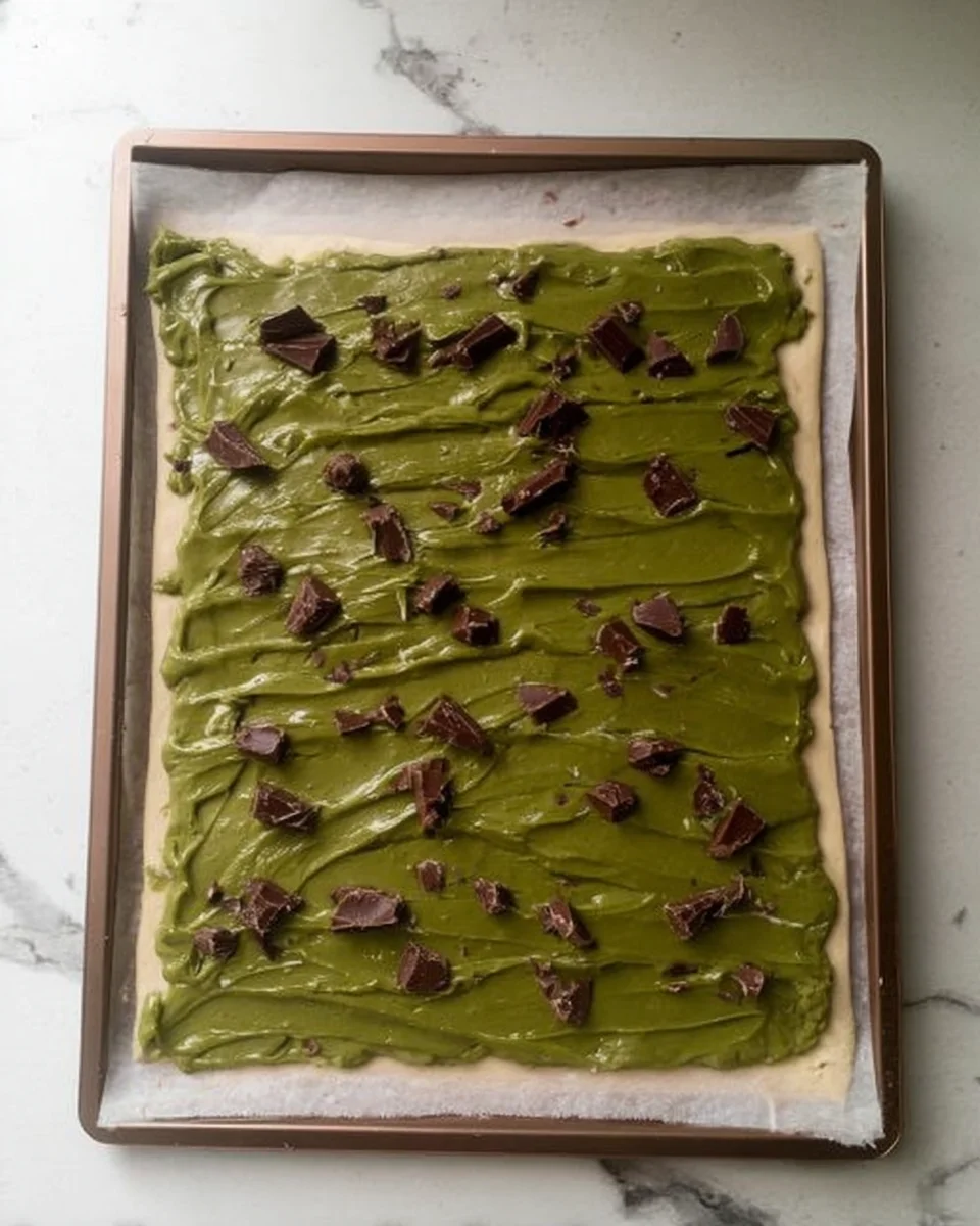 sprinkling chocolate over pistachio layer