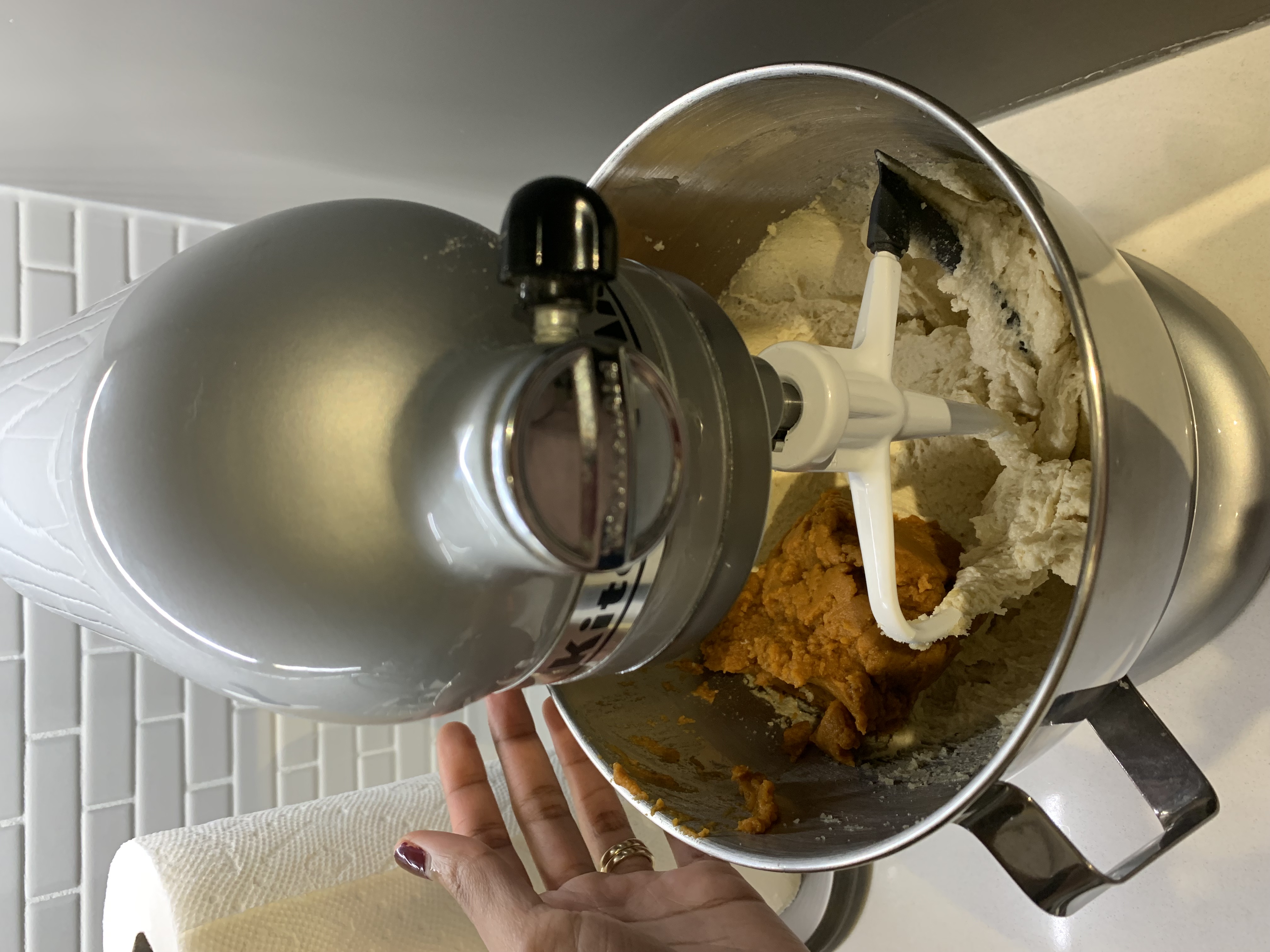 stand mixer with pumpkin cookie ingredients
