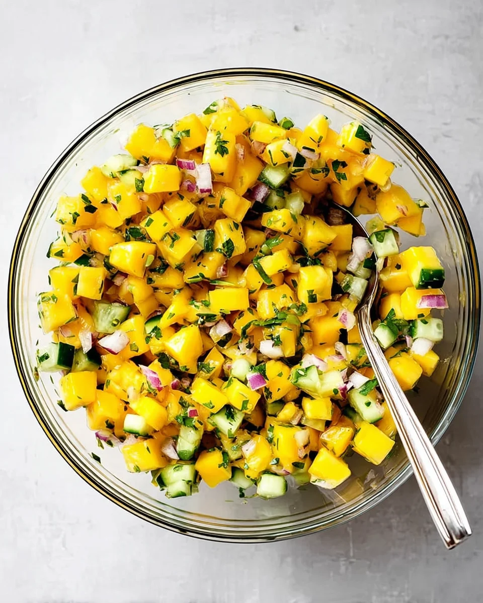 Mixed mango salsa in a bowl.