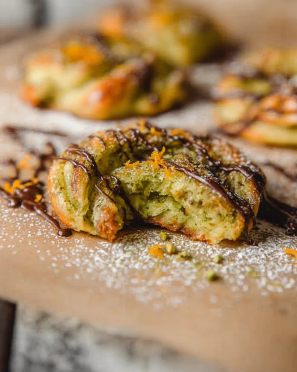 bite out of a chocolate pistachio puff pastry swirl