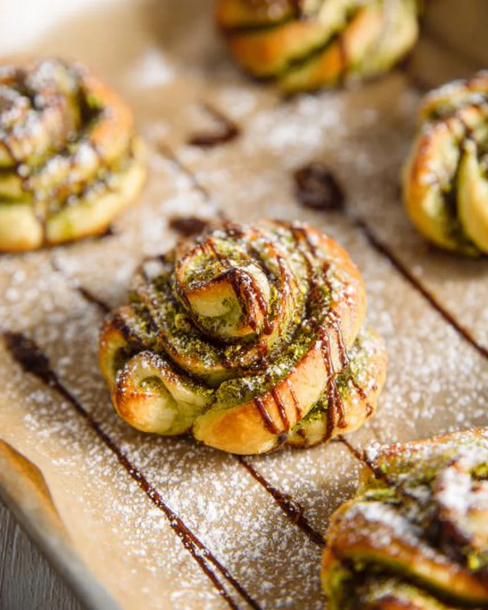side view of chocolate pistachio puff pastry swirls