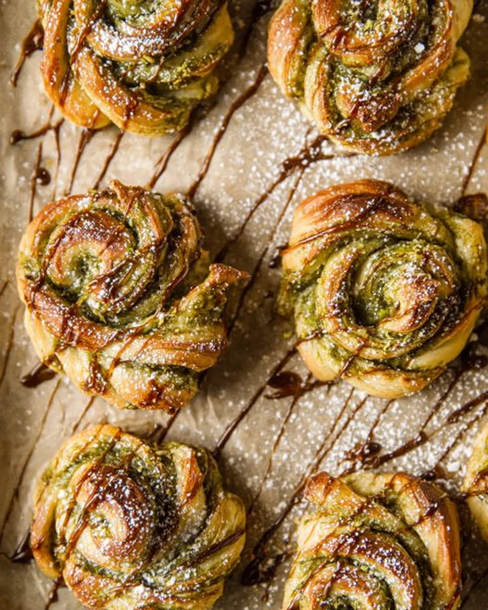 chocolate pistachio puff pastry swirls top down view