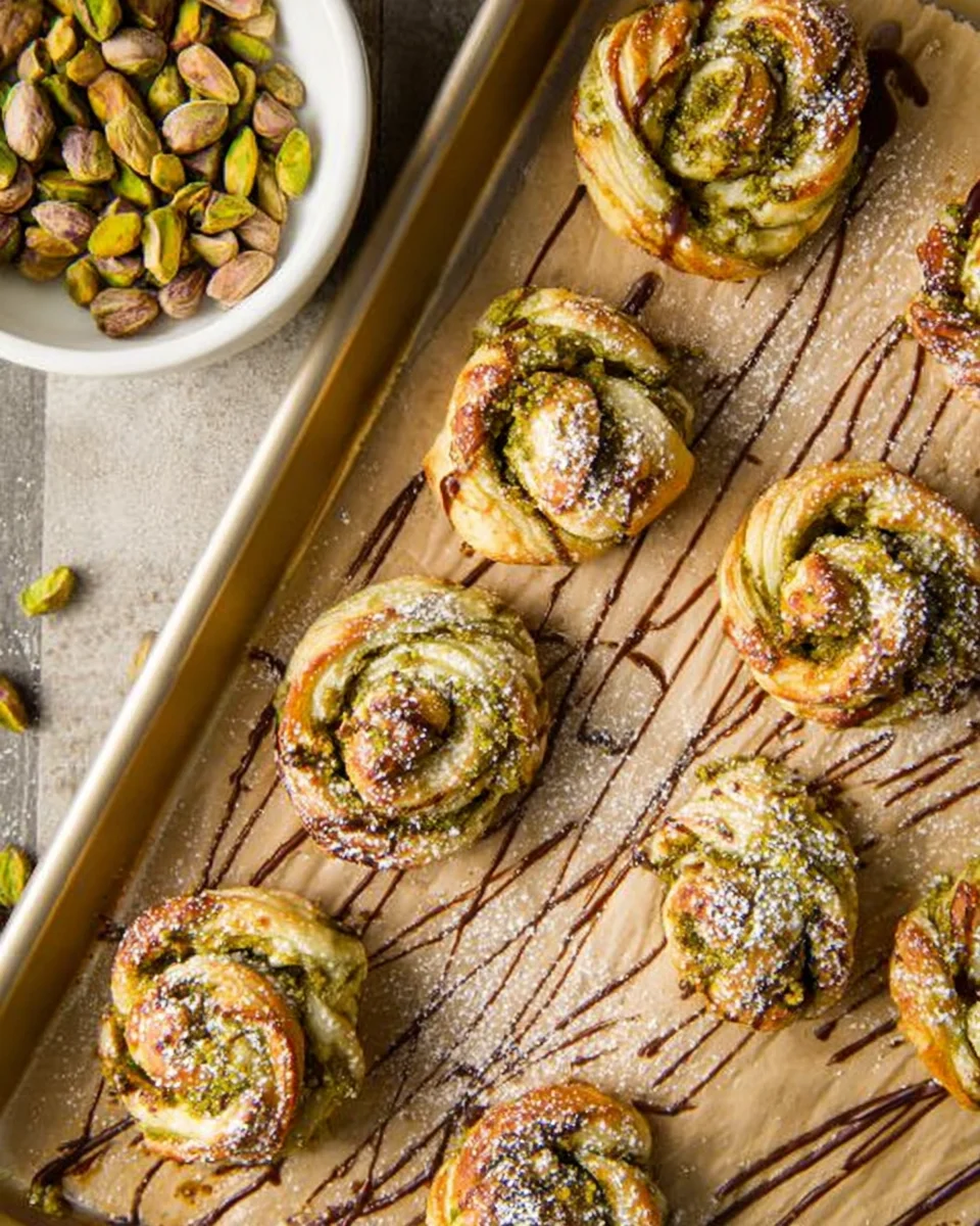 top down view of chocolate pistachio puff pastry swirls