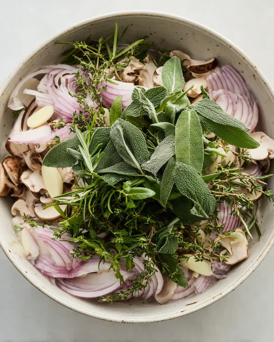 herbs, shallots, mushrooms and other ingredients in bowl