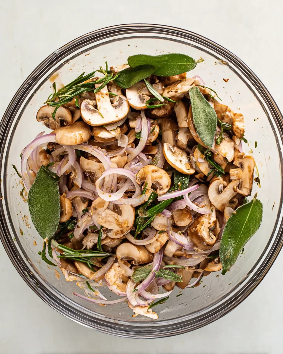seasoned herbs, shallots, mushrooms and other ingredients in bowl