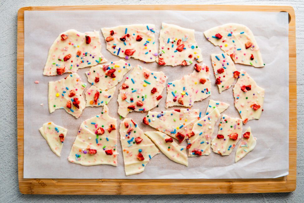 Popping Candy Chocolate Bark on a cutting board