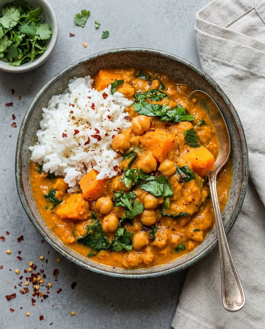 bowl of creamy chickpea curry with sweet potato and greens served beside fluffy white rice