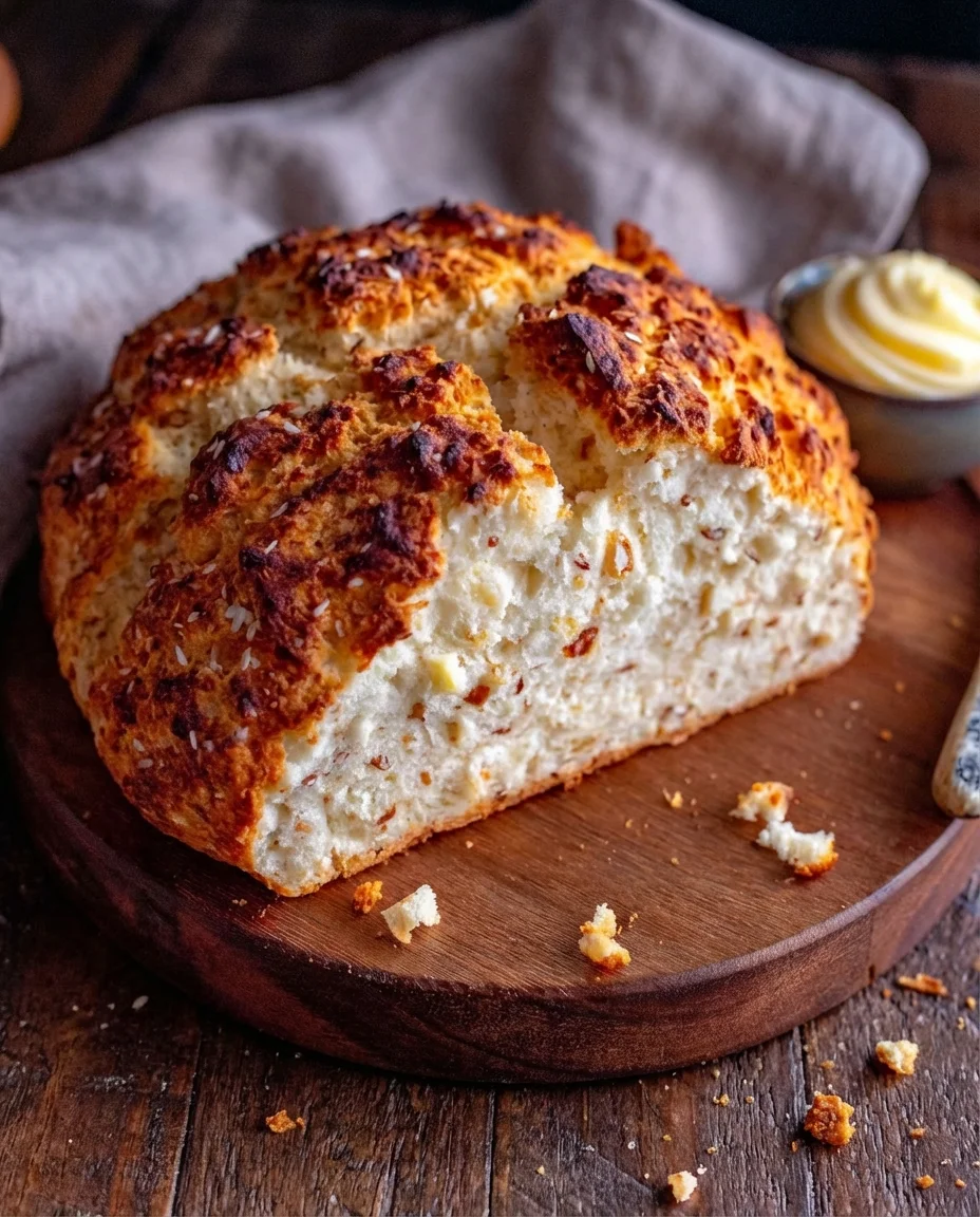 Crusty cornbread loaf on a wooden board with a golden-brown crust and a soft, corn-speckled interior