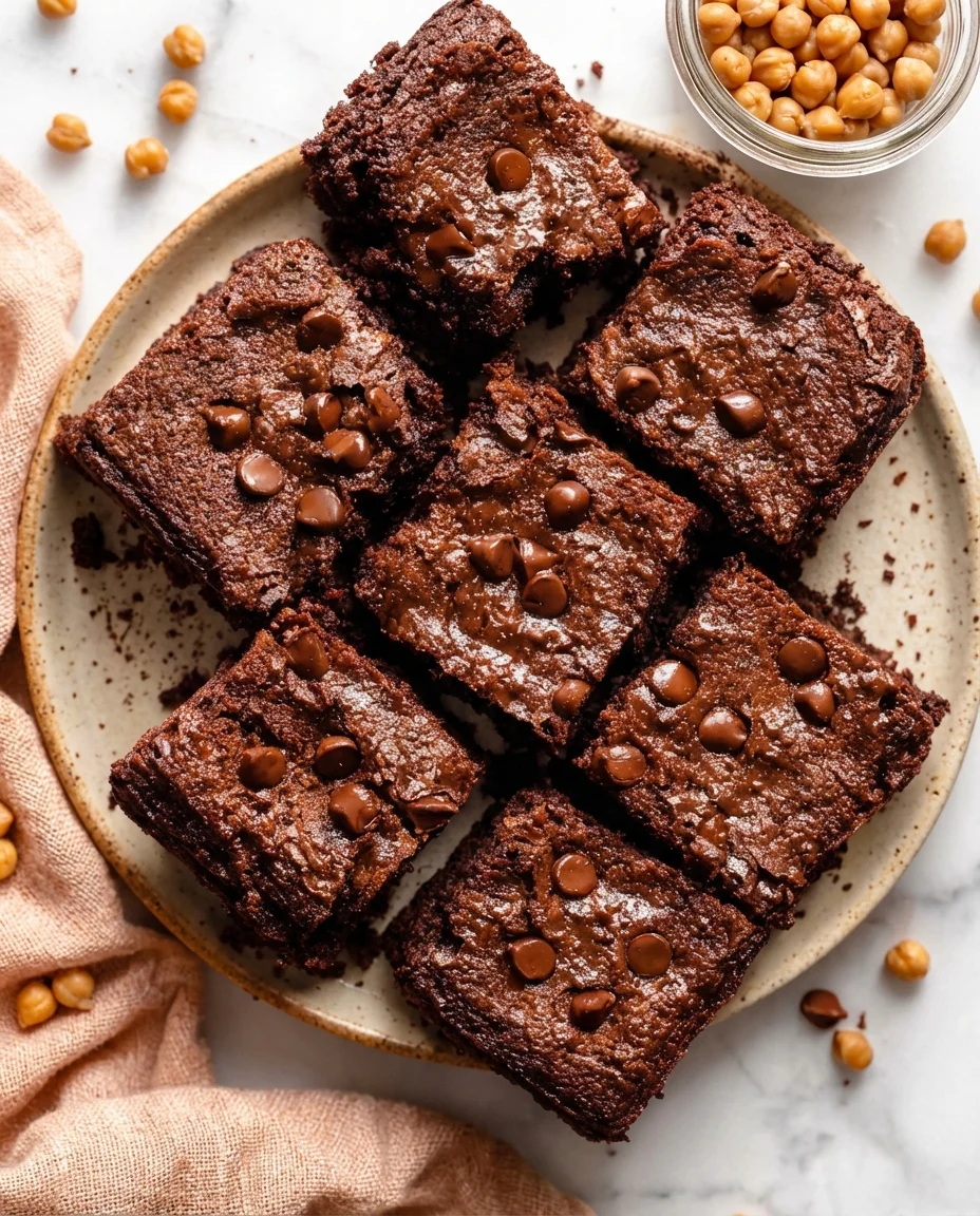 Six fudgy chocolate-chip brownies arranged on a round plate with a glossy surface.