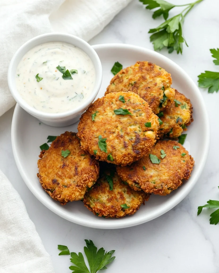 image_d3402d633aeb4e72b08405162adce736.webp Golden cauliflower fritters with a creamy herb dip on a white plate.