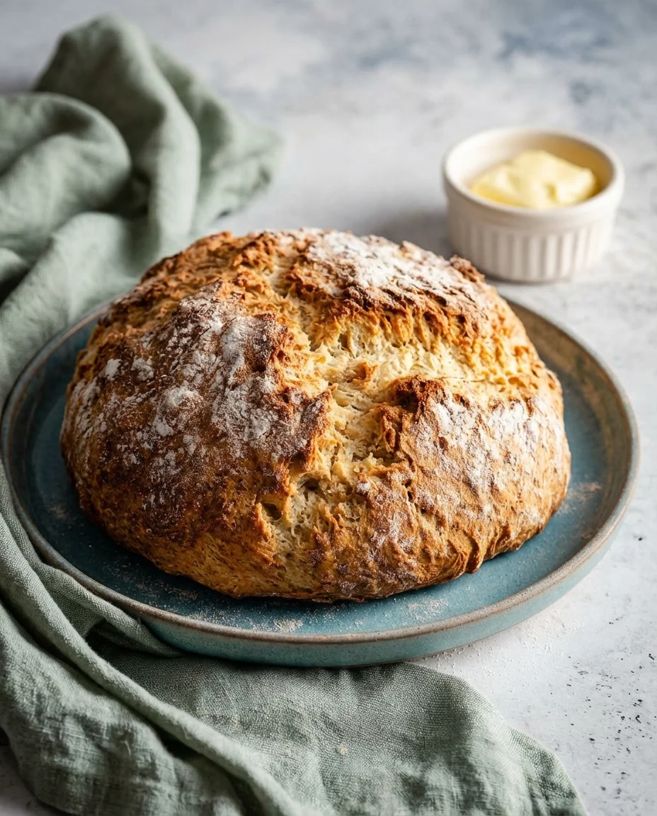 A round, crusty rustic bread loaf on a teal plate with a butter ramekin in the background.
