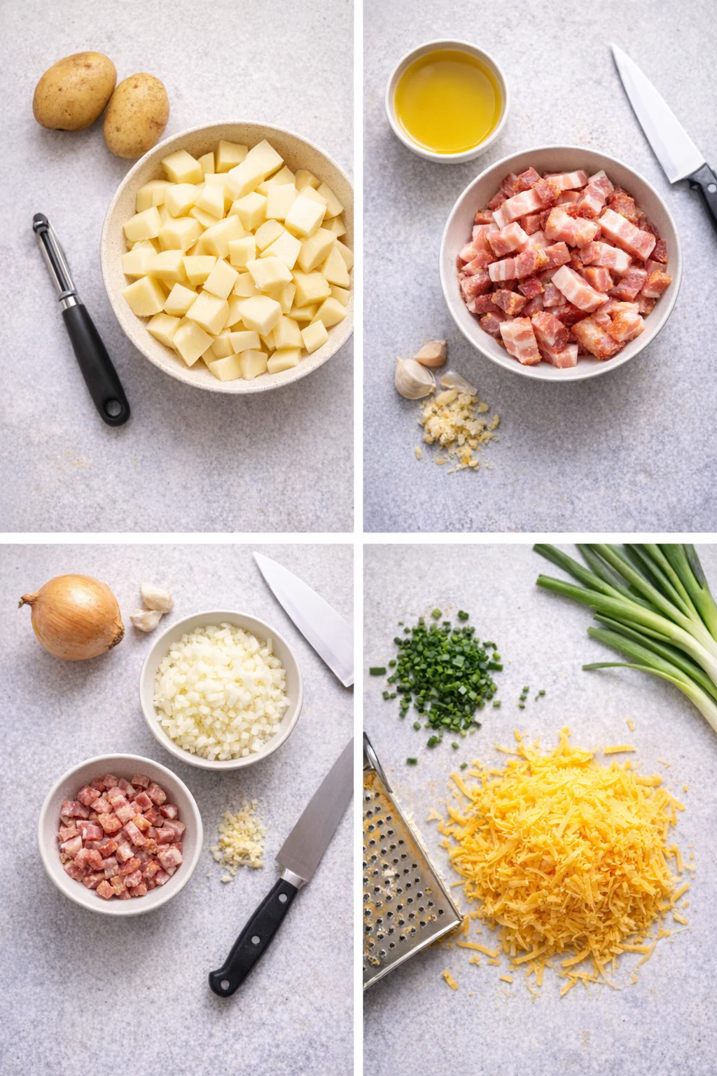 Hands peeling and cubing potatoes alongside chopped bacon, minced garlic, grated cheddar, chopped chives.