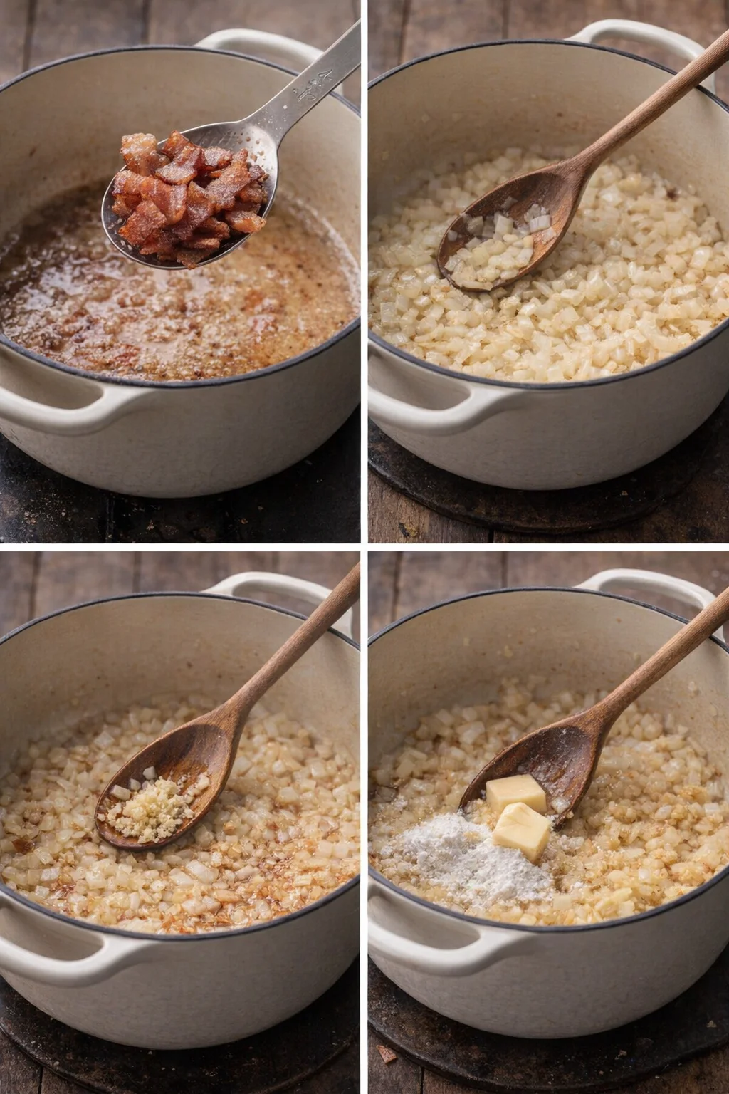 Bacon sizzling in pot, onions softening in fat, garlic added, butter and flour being stirred into mixture.