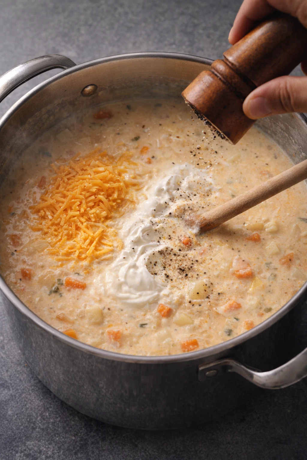 Pot off heat as grated cheddar melts in, sour cream folded, soup being seasoned with salt and pepper.