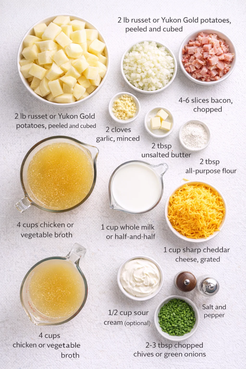 Measured ingredients arranged for La Marmite Magique – Recette: 2 lb (about 900 g) russet or Yukon Gold potatoes, peeled and cut into 1" cubes, 4–6 slices bacon, chopped (or 2 tbsp olive oil if you’re making it vegetaria