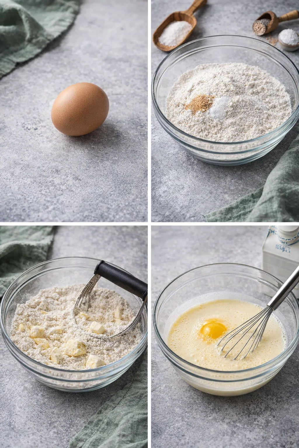 Large mixing bowl with sifted dry ingredients and coarse butter crumbs; separate bowl of whisked buttermilk and egg.