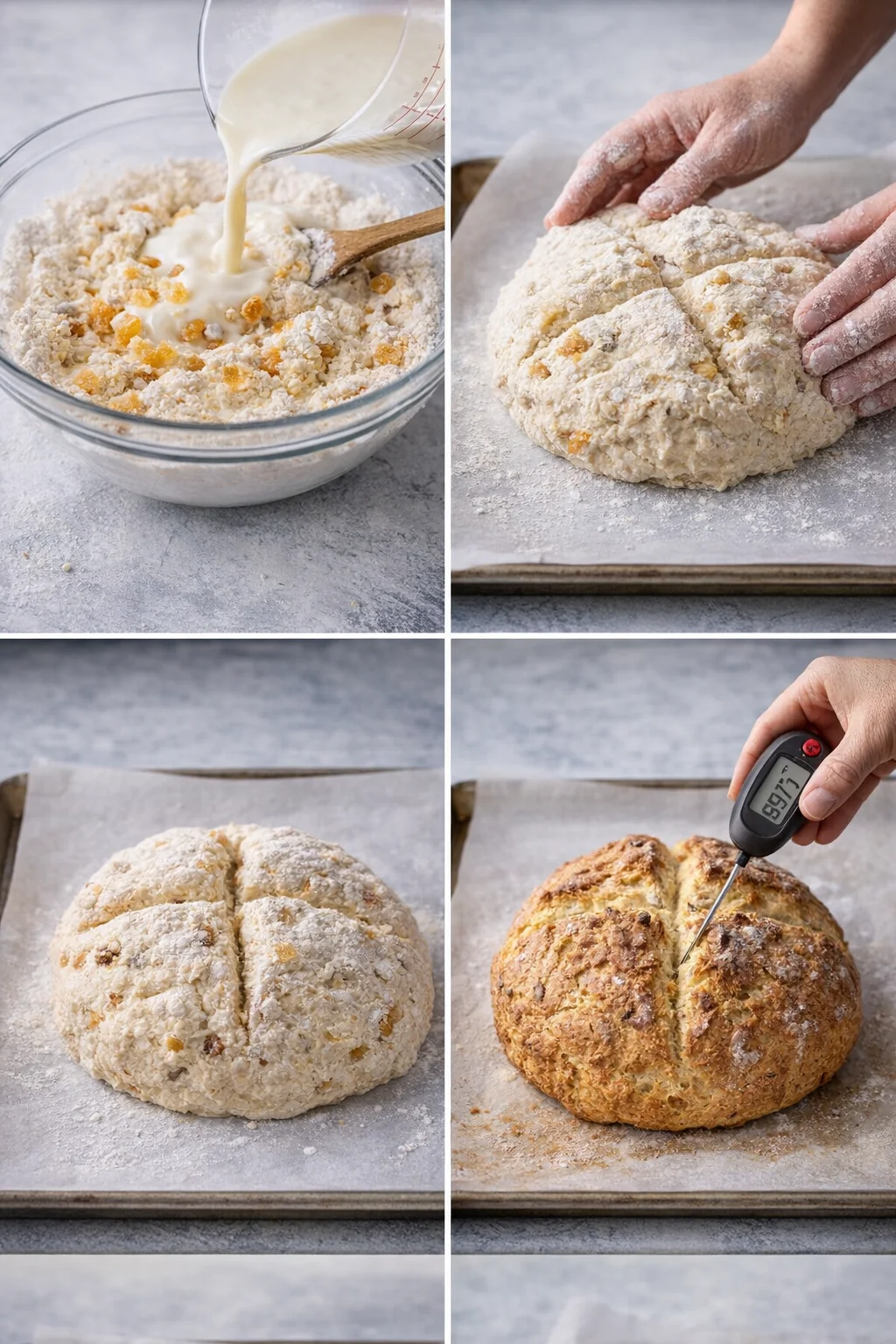 Ragged, slightly sticky round loaf on parchment, scored with a deep X and visible apricot pieces.