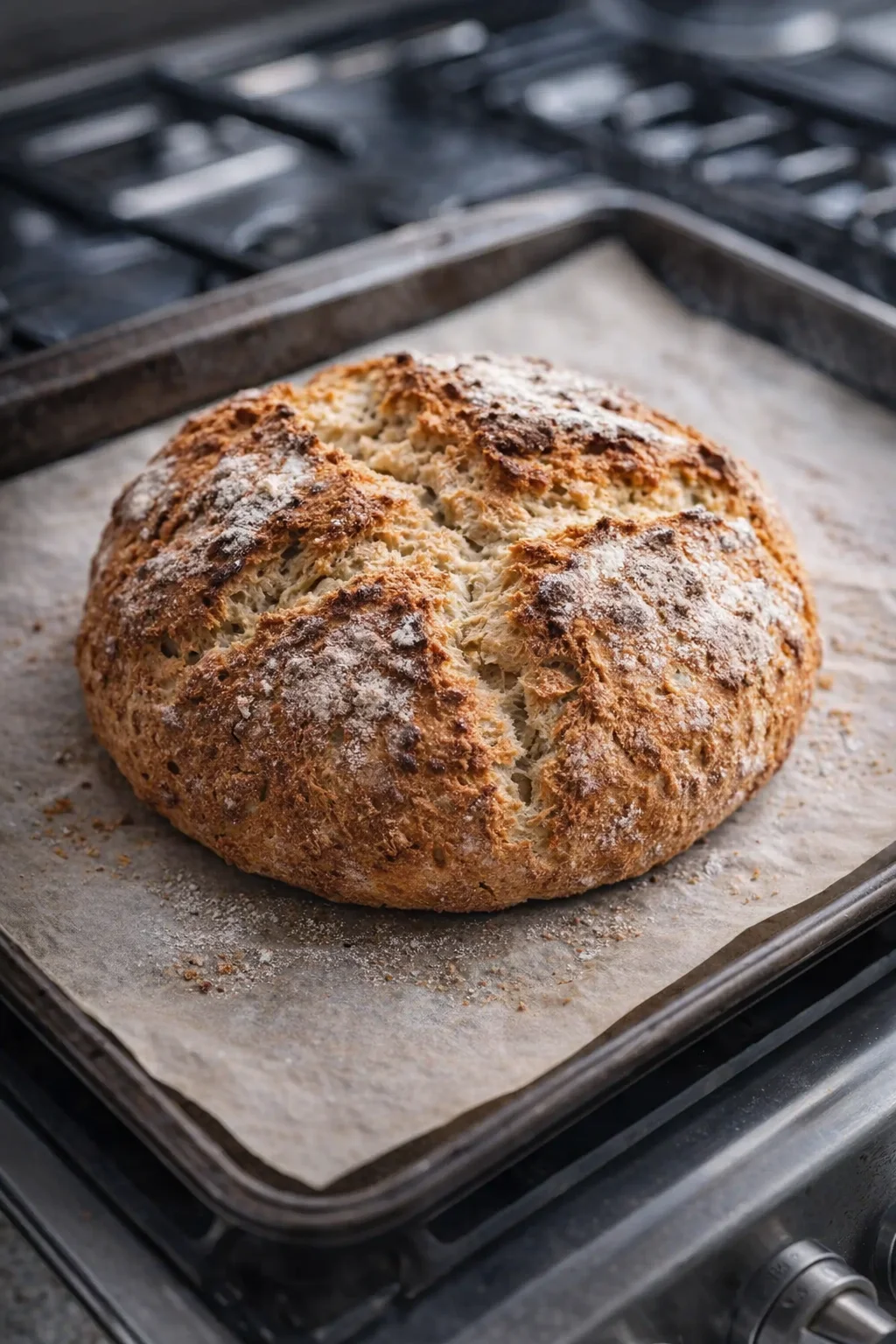 Golden soda bread cooling on parchment-lined baking sheet, resting before being sliced.