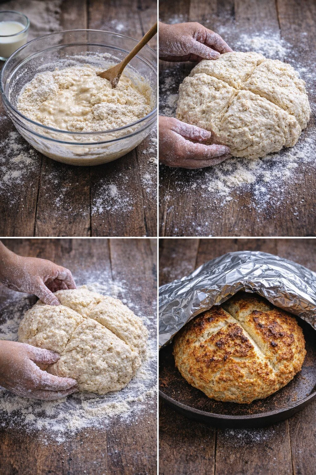 Floured hands shaping sticky round dough; scored top cross on prepared baking sheet.