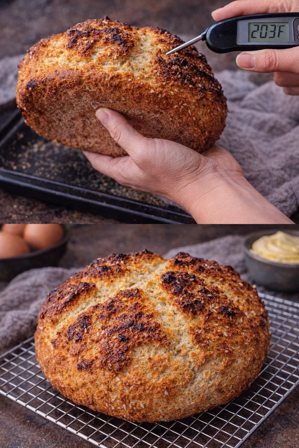 Golden loaf cooling on wire rack with thermometer inserted showing internal temperature.