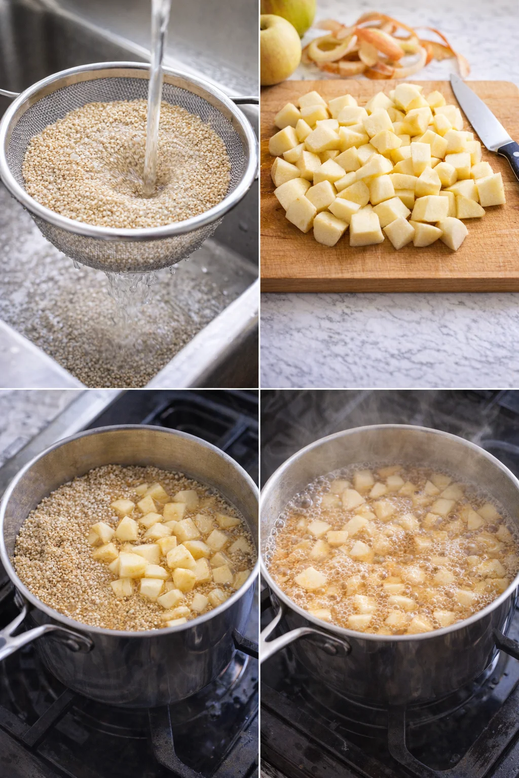 Rinsed quinoa in a fine-mesh strainer next to peeled, chopped apples and saucepan warming.