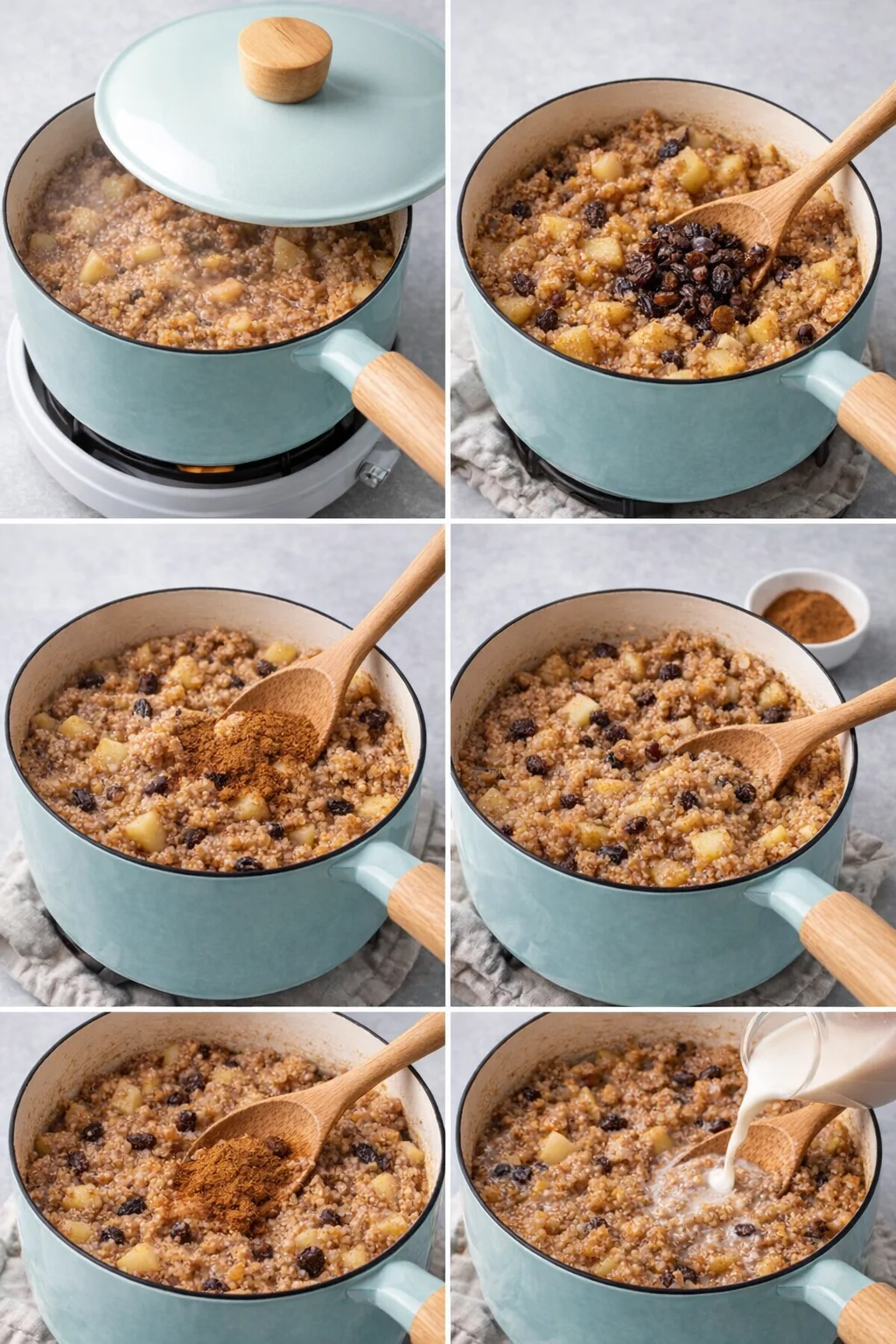 Covered saucepan gently simmering with quinoa and softening apples while a spoon folds in raisins and cinnamon.