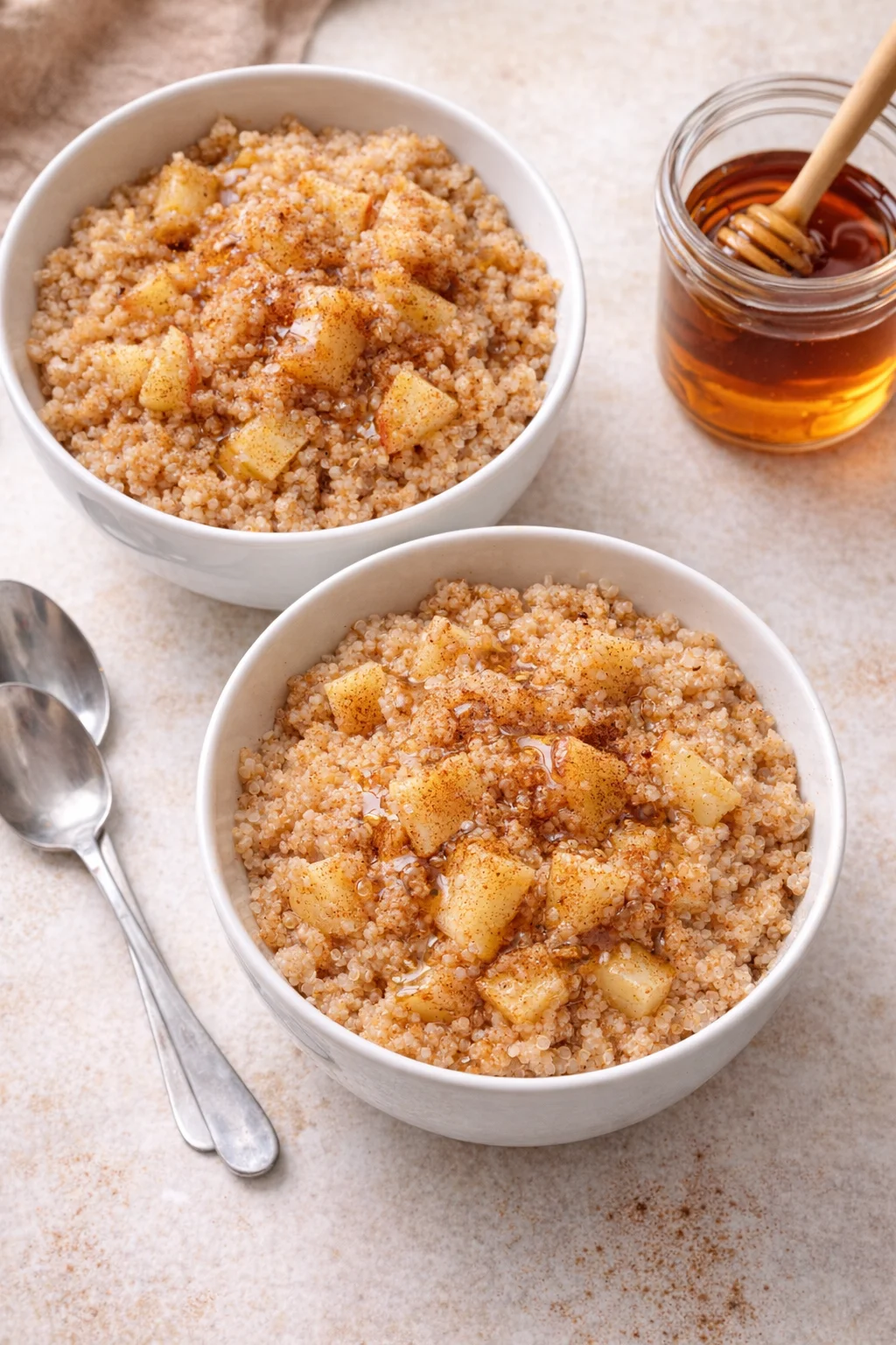 Hearty quinoa served in bowls, honey drizzled over top and a dusting of cinnamon.