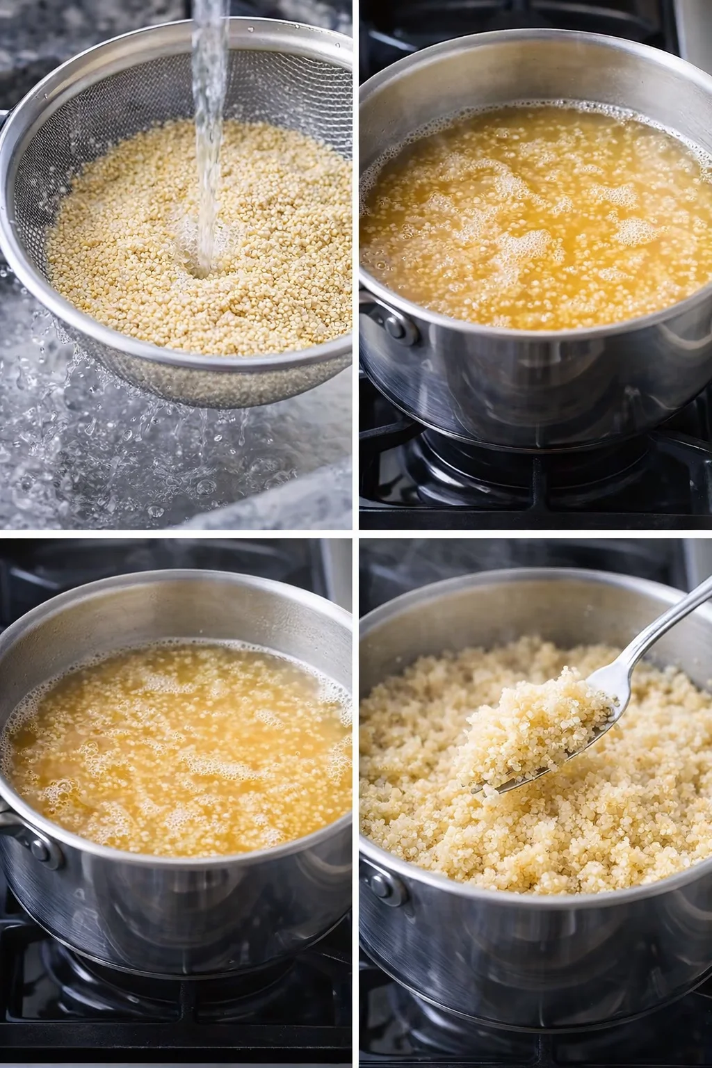 Quinoa being fluffed with a fork in a covered saucepan after cooking and resting.