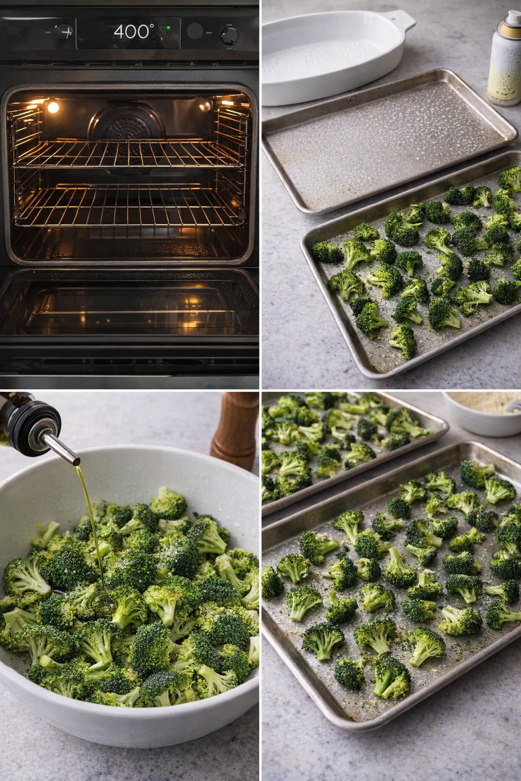 Broccoli florets tossed with oil and seasoning spread in single layer on baking sheet.