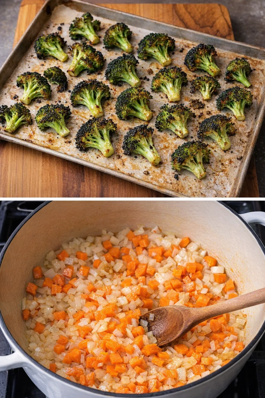 Diced onion and carrots sautéing in a skillet, softened and beginning to brown.