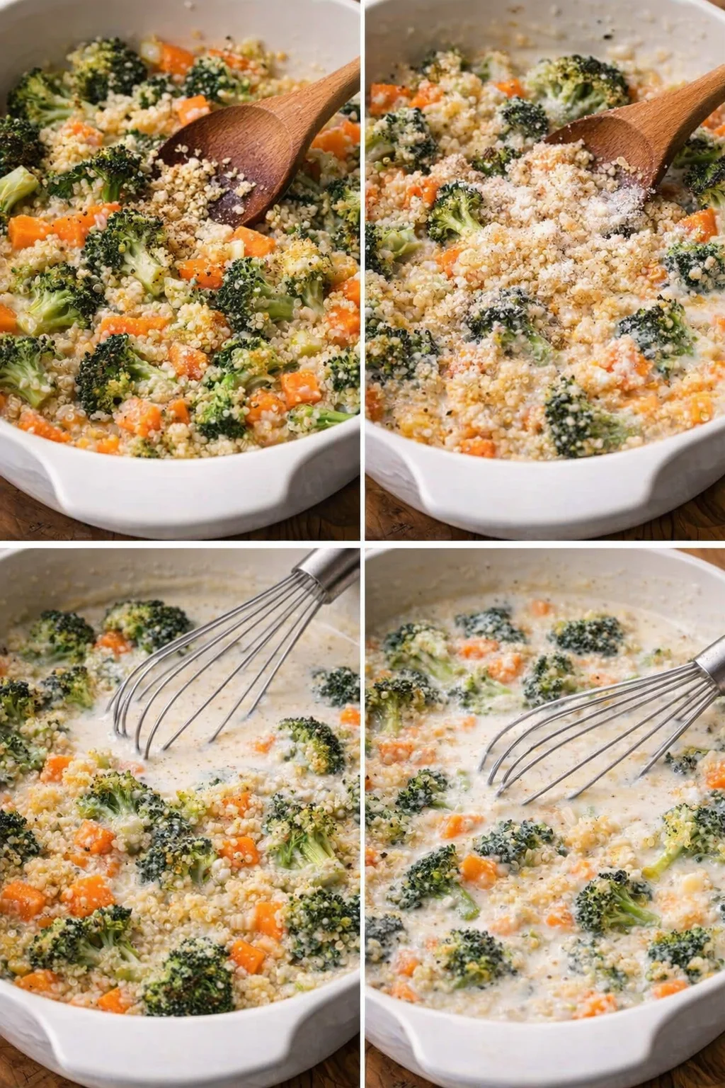 Thickening sauce in pot as milk and broth are whisked into the lightly browned flour-coated vegetables.
