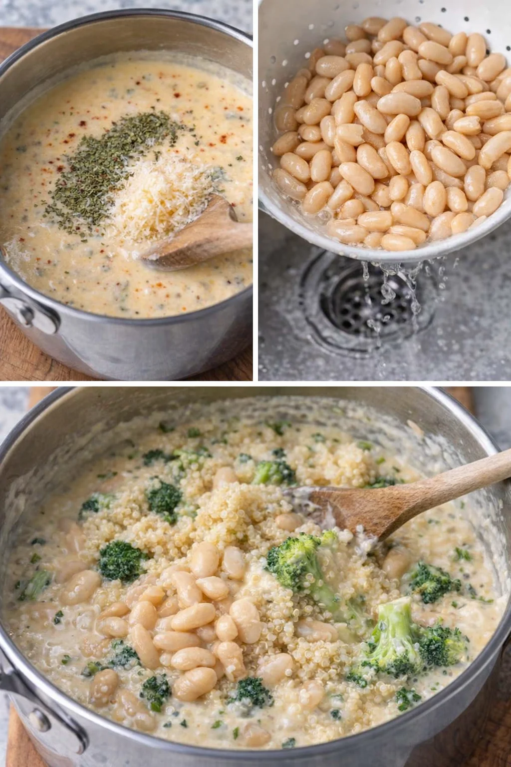 Cooked quinoa being stirred into the warm seasoned sauce beside drained cannellini beans.