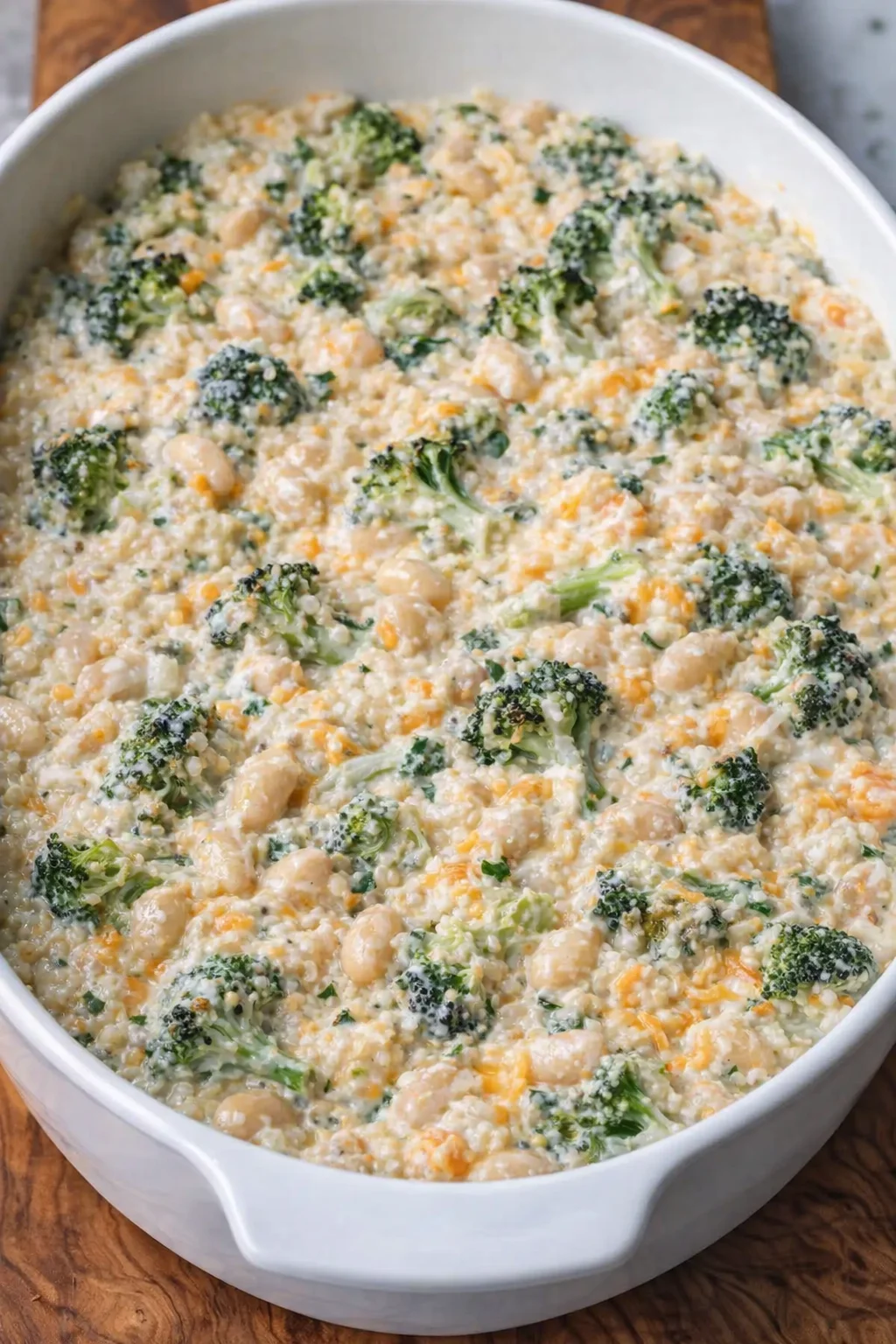 Creamy quinoa mixture with yogurt and half the cheese being spread into a casserole dish.