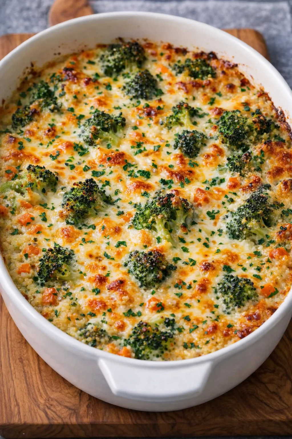 Casserole with melted, bubbling cheese turning golden brown under the broiler.