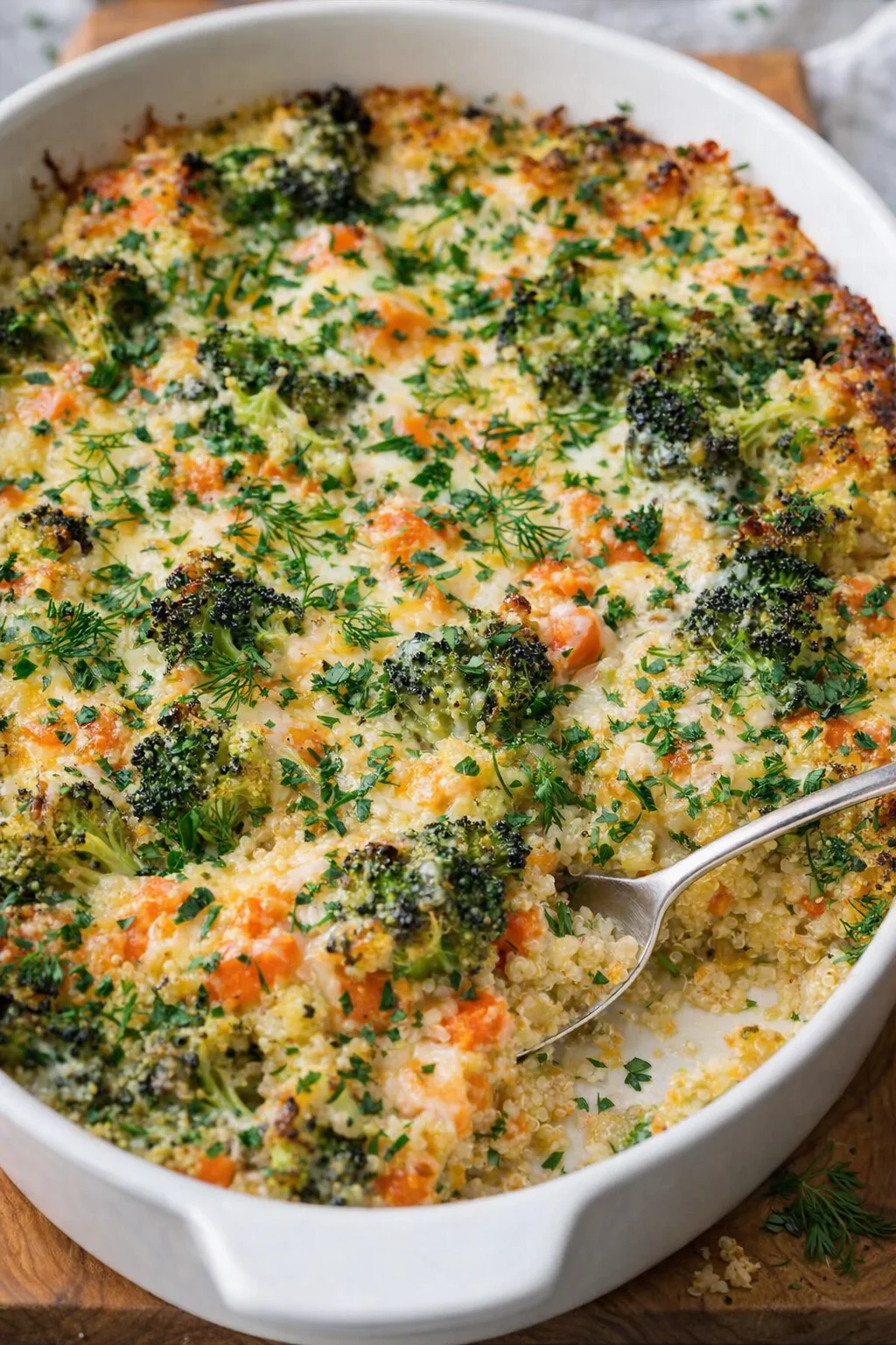 Chopped fresh herbs being sprinkled over finished casserole as garnish.