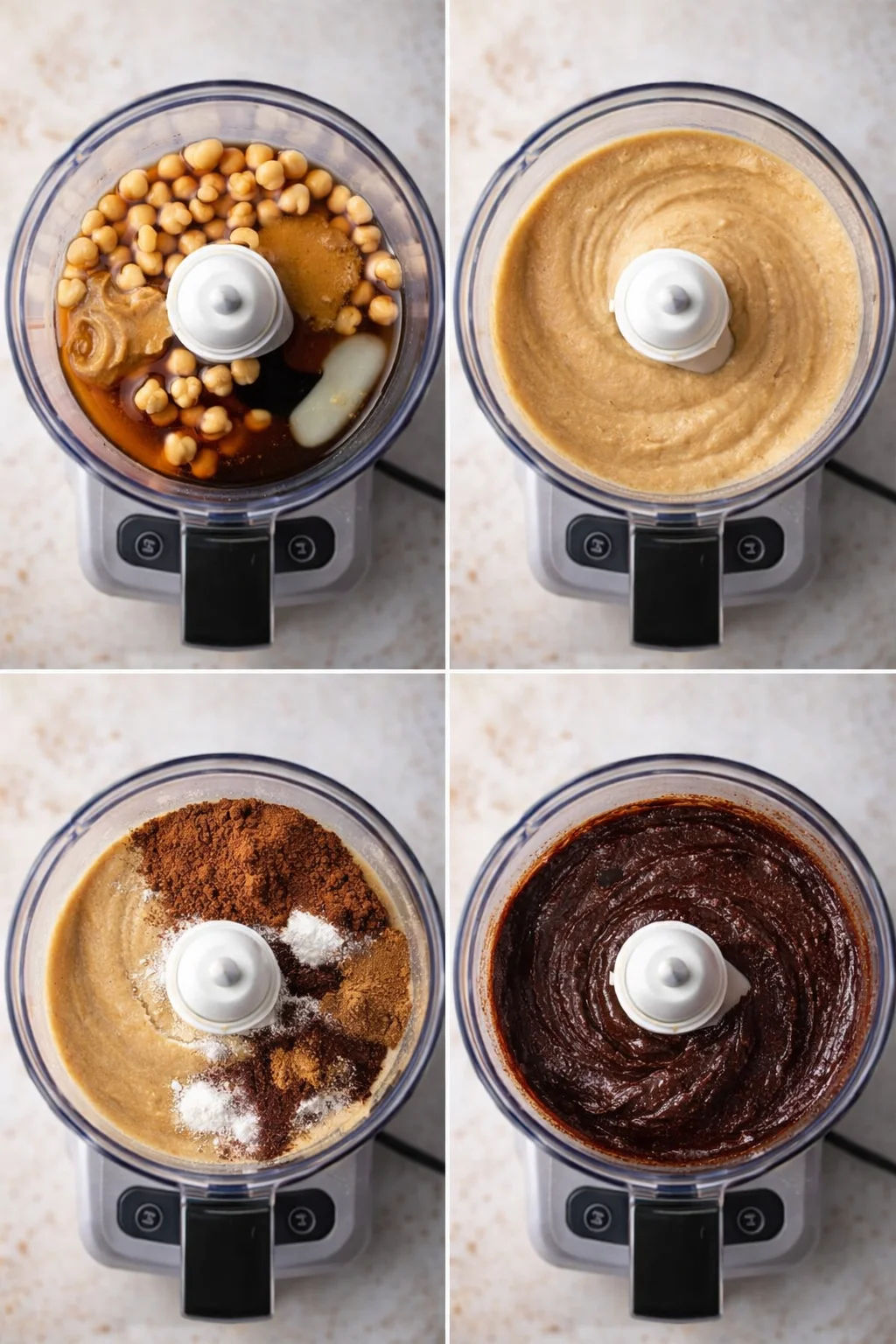 Food processor filled with chickpeas, nut butter, syrup and oil, blending into glossy thick chocolate batter.