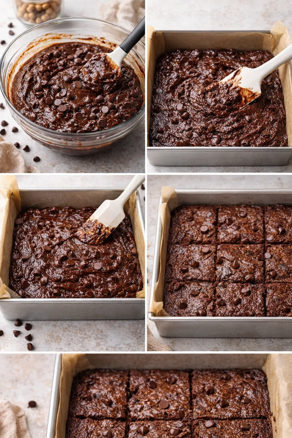 Batter folded with chocolate chips, poured and spread into pan, baked brownies cooling in pan before slicing.