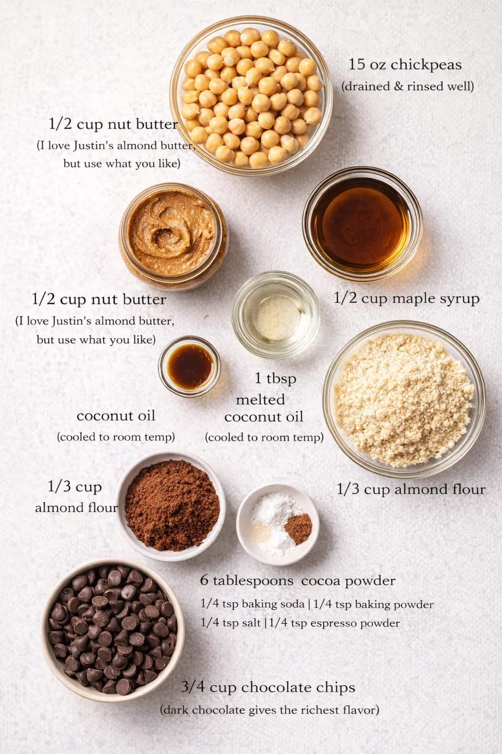 Measured ingredients arranged for Rich Chickpea Brownies - Homefoodkitchen: 15 oz chickpeas (make sure theyre drained and rinsed well for a clean, neutral flavor), 1/2 cup nut butter (I love Justins almond butter, but 