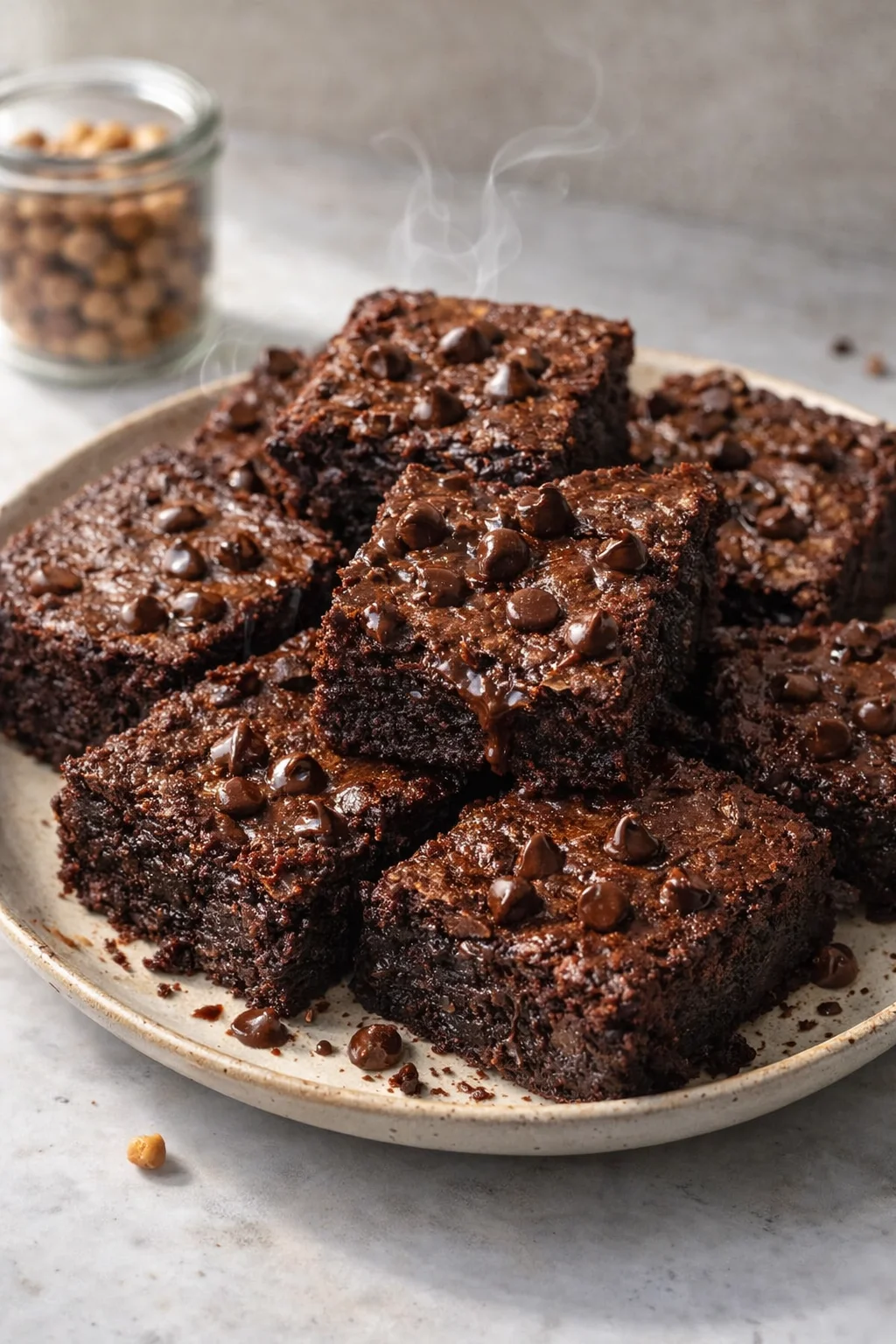 Final plated Rich Chickpea Brownies - Homefoodkitchen served as a hero shot